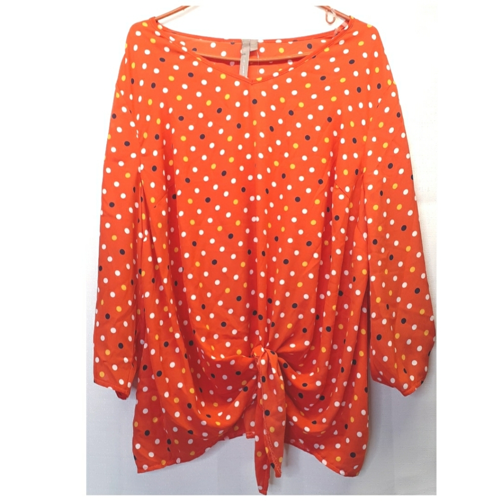 Polka Dot Tie-Front Blouse - Orange